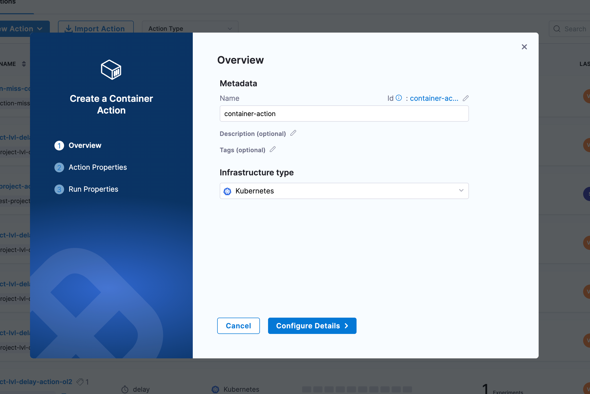configure container action