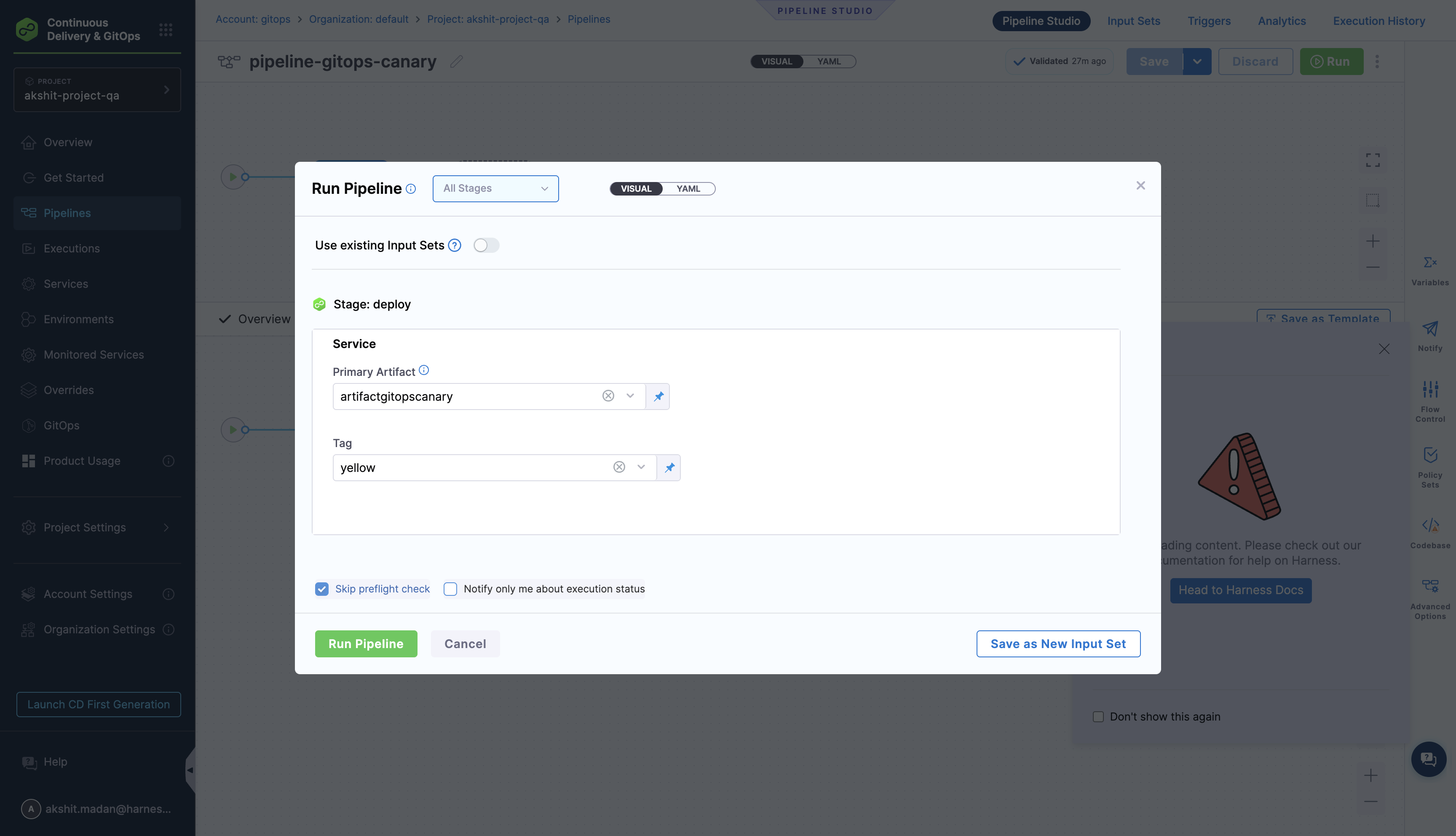 Pipeline saved and ready to run with Run button highlighted