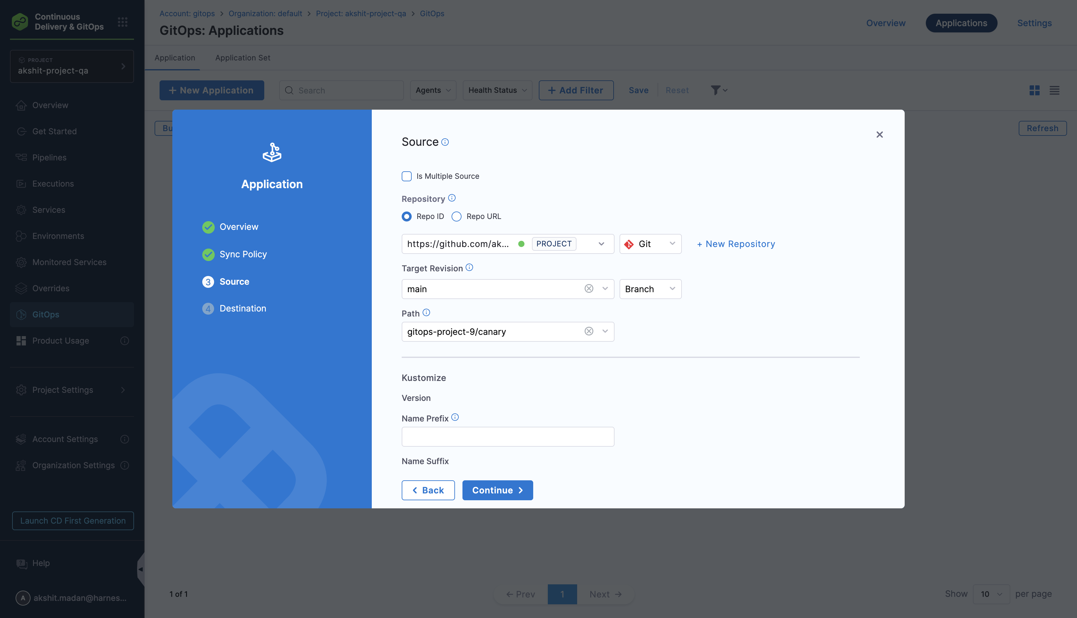 GitOps Application source configuration showing Repository URL, Target Revision, and Path fields